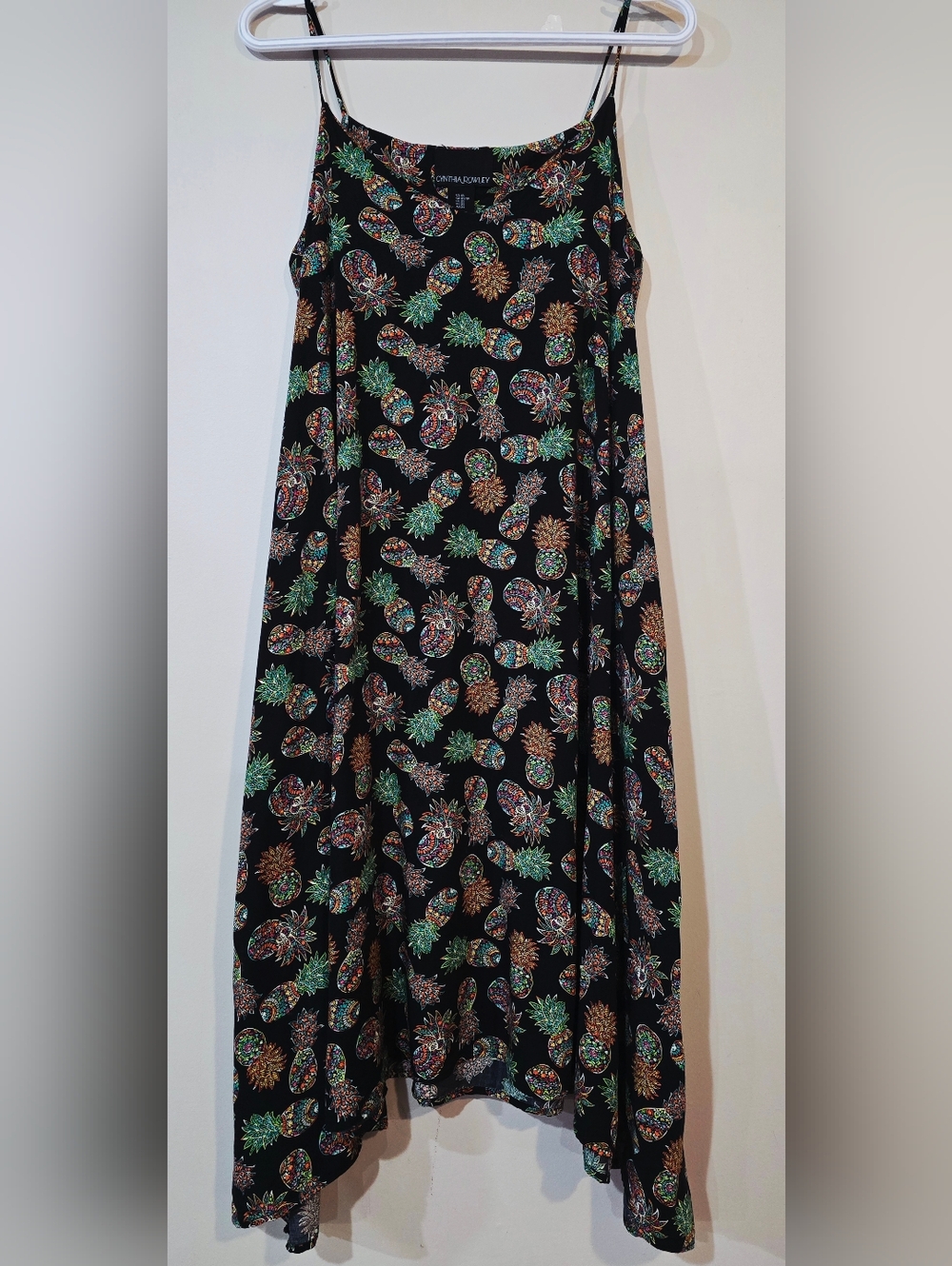 Cynthia Rowley Black Dress with Multicolor Pineapple Print Size XS. 100% Rayon.